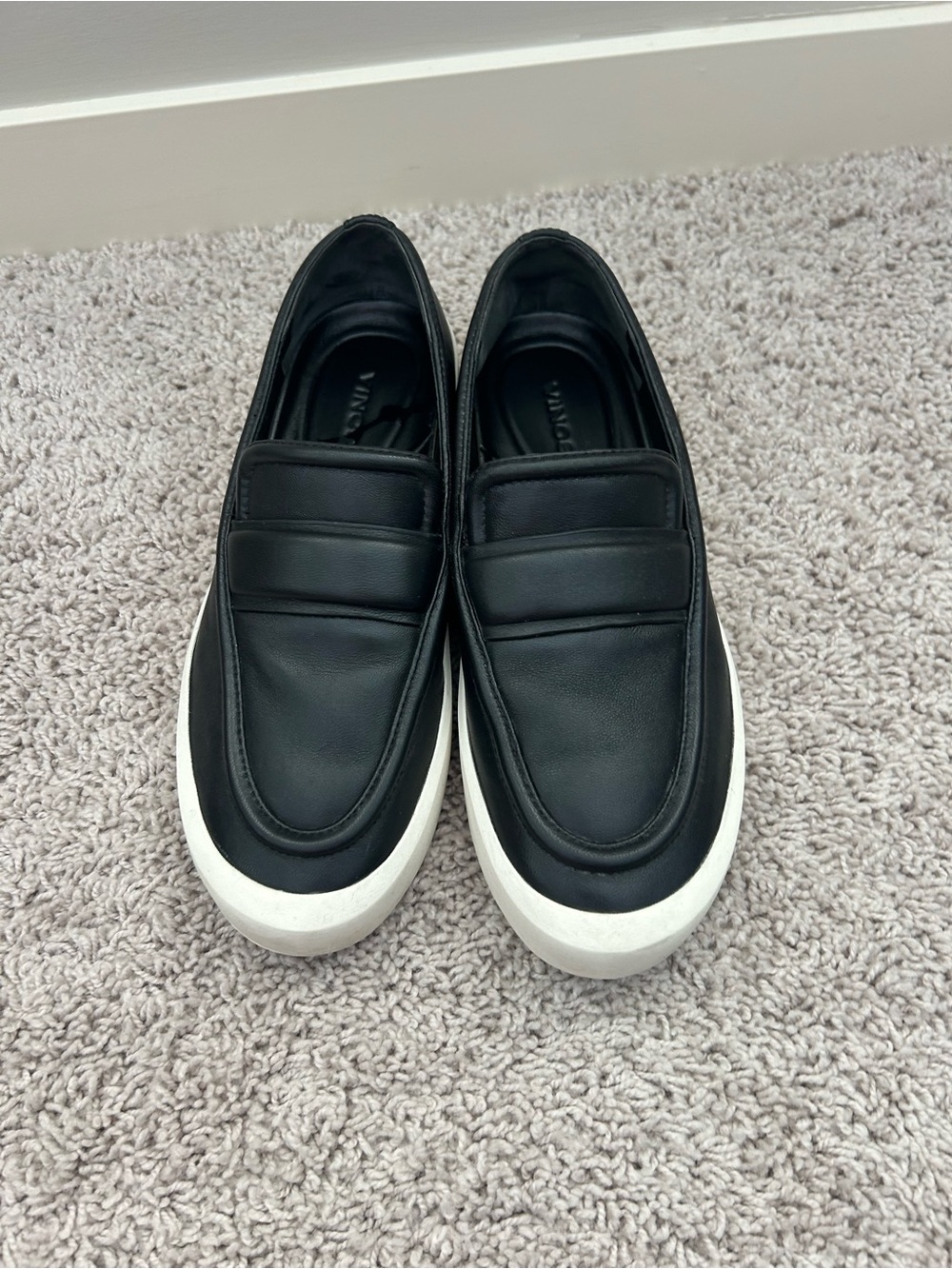 Vince Black Leather Slip-On Loafers with White Platform